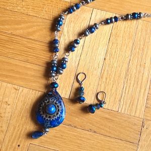 Handmade Steampunk Blue Imperial Jasper Teardrop Necklace and Earrings